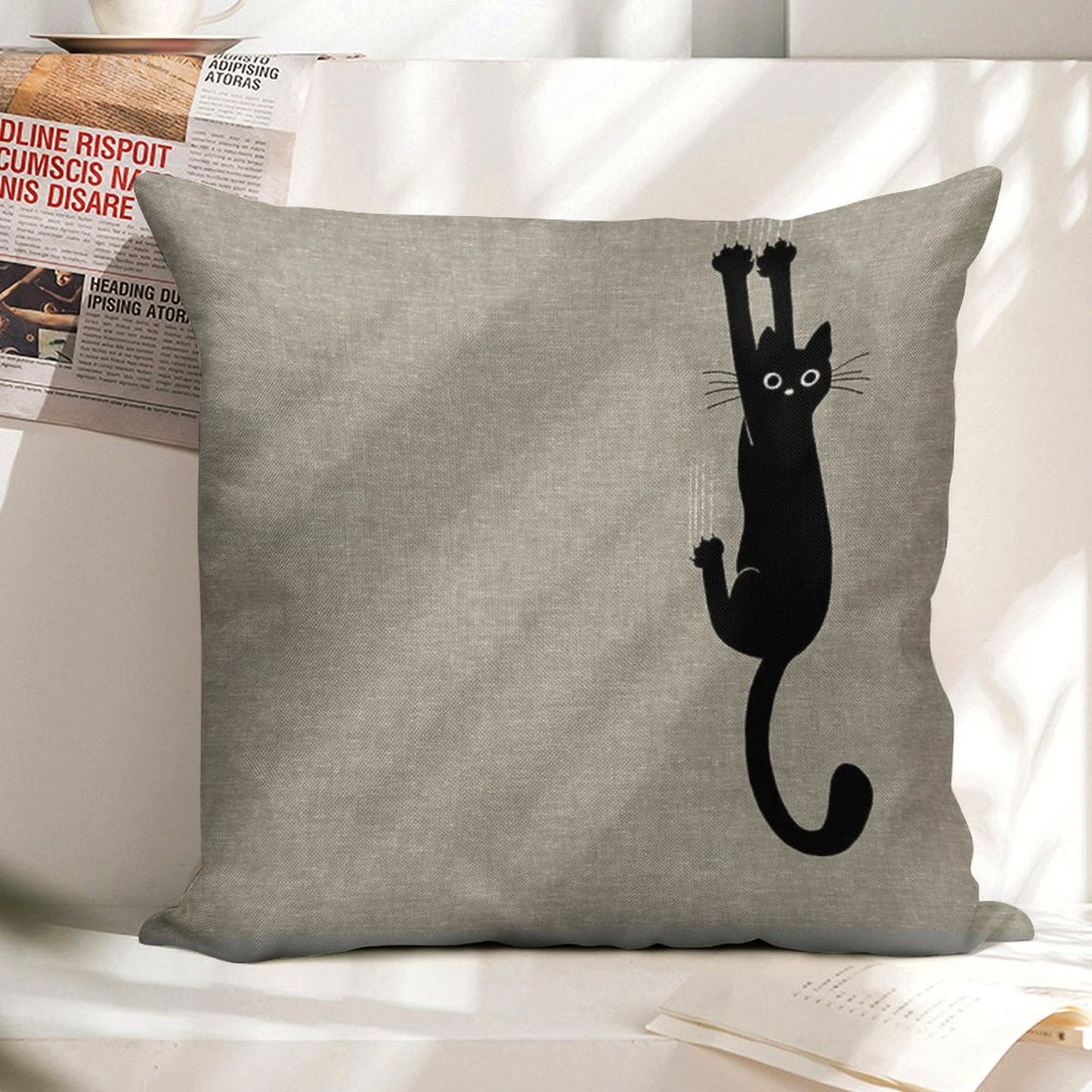 Black Cat Holding On Linen Throw Pillow Cover