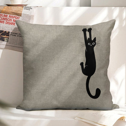 Black Cat Holding On Linen Throw Pillow Cover