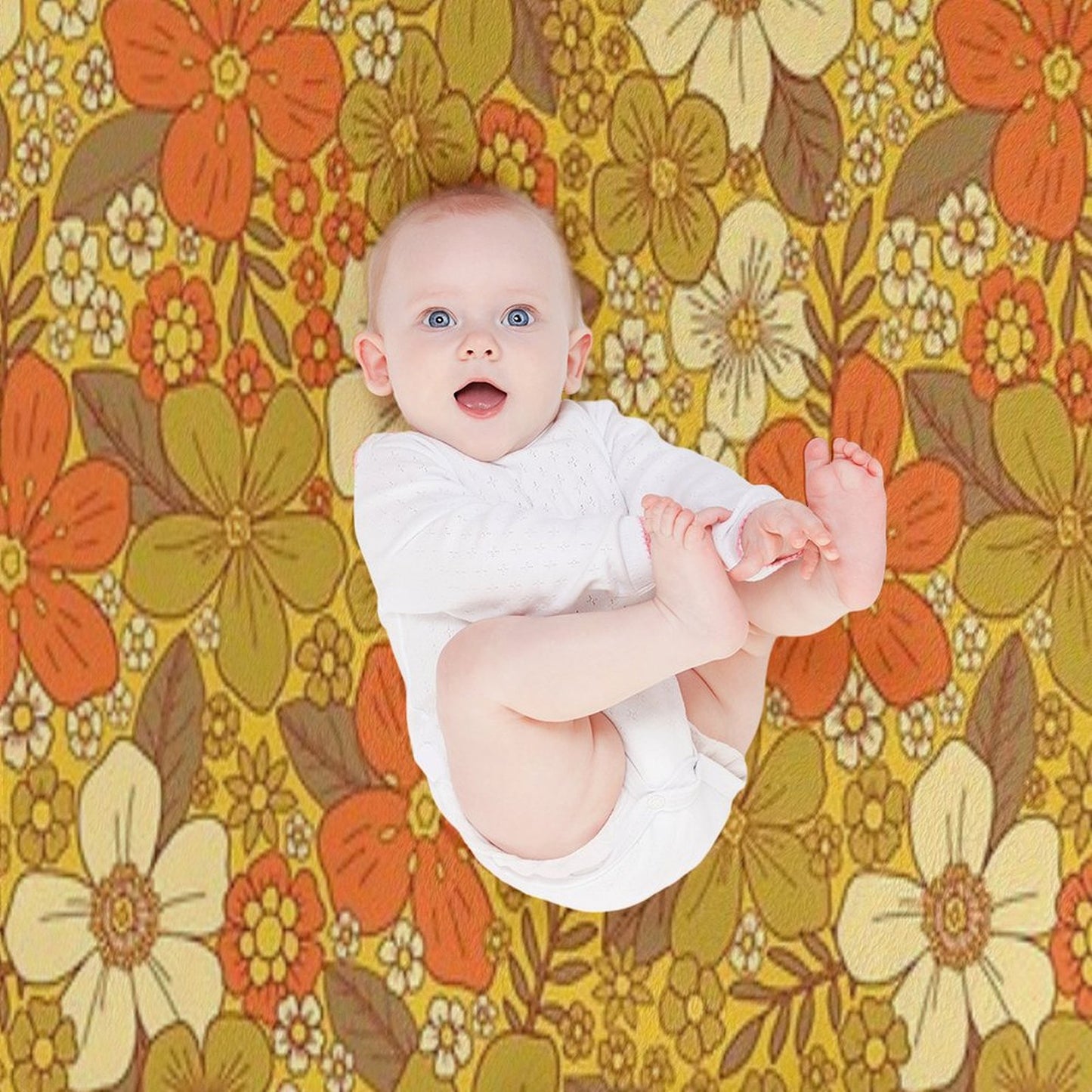 Retro 60s70s Orange & Olive Green Floral Throw Blanket