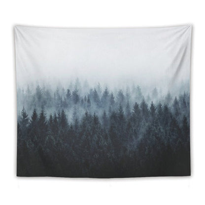 High And Low  Dark Romantasy Moody Wilderness Dream Forest With Cascadia Trees Covered In Fog Tapestry