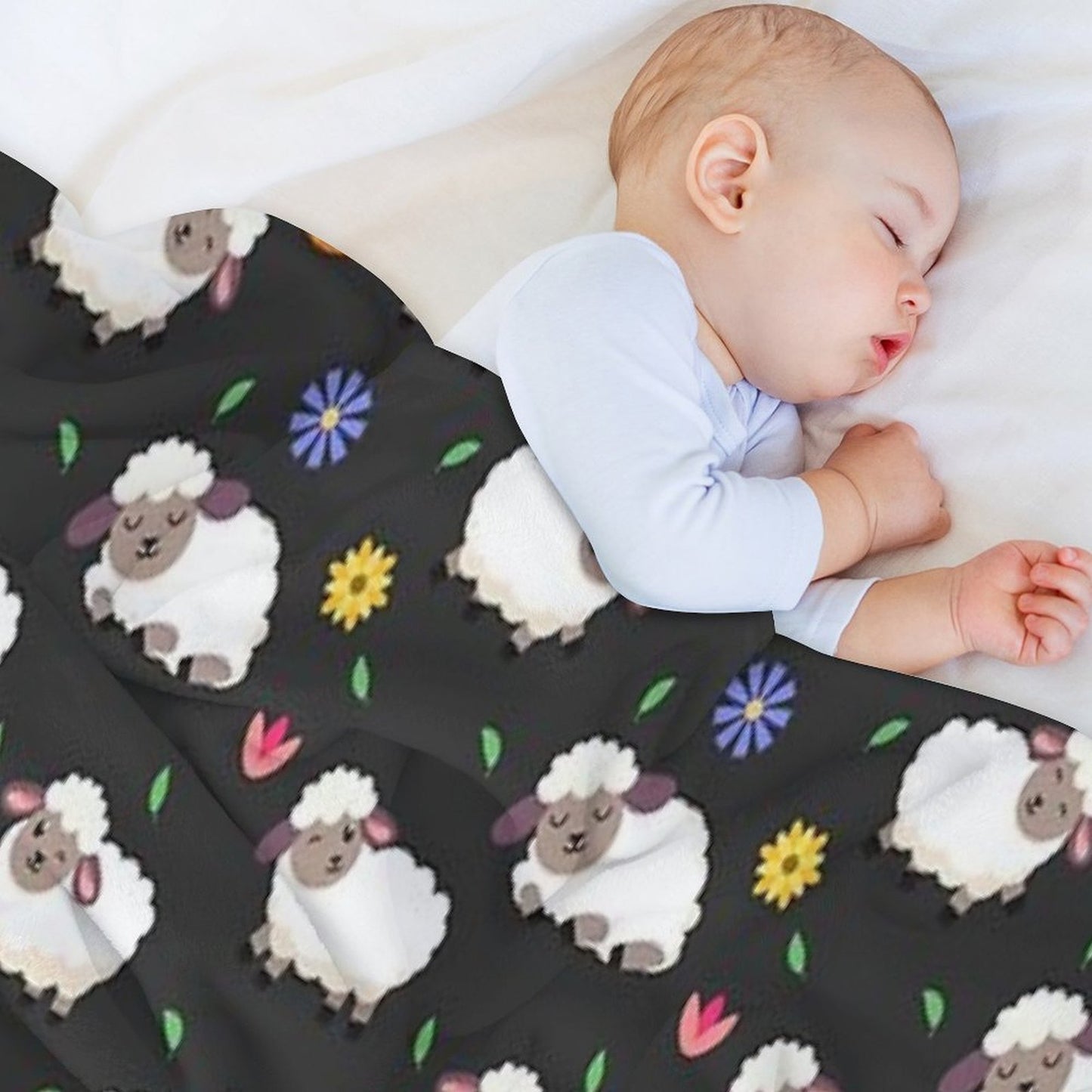 Sheeps And Flowers in Cartoon Style Throw Blanket