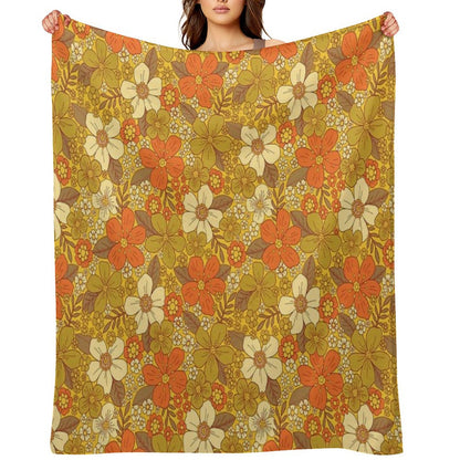 Retro 60s70s Orange & Olive Green Floral Throw Blanket