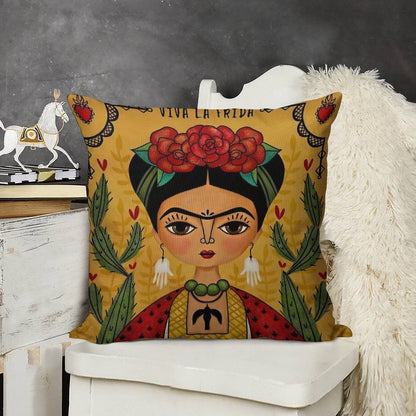 Frida Kahlo Illustration Linen Throw Pillow Cover