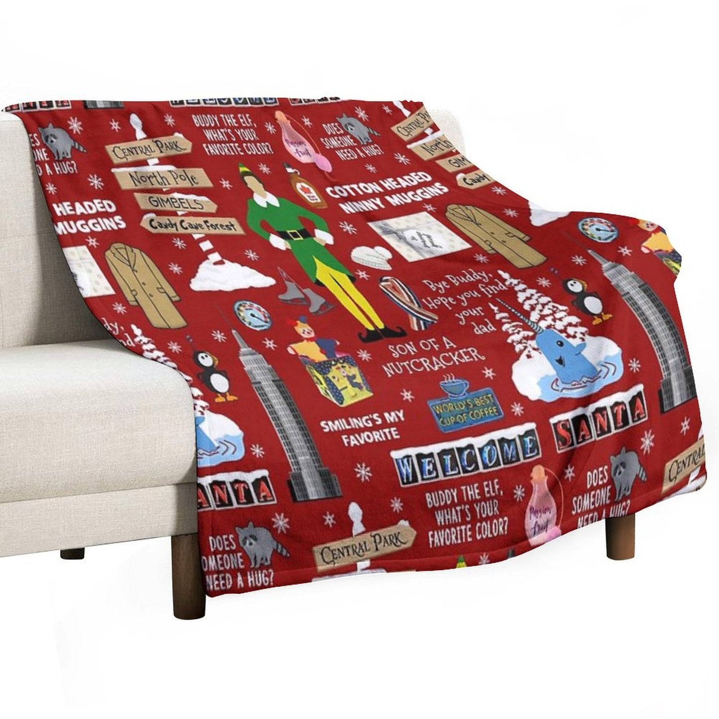 Buddy The Elf Collage, Red Background Throw Blanket