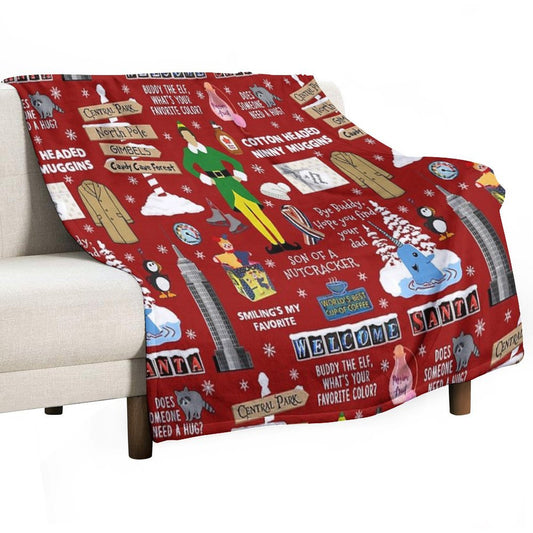Buddy The Elf Collage, Red Background Throw Blanket
