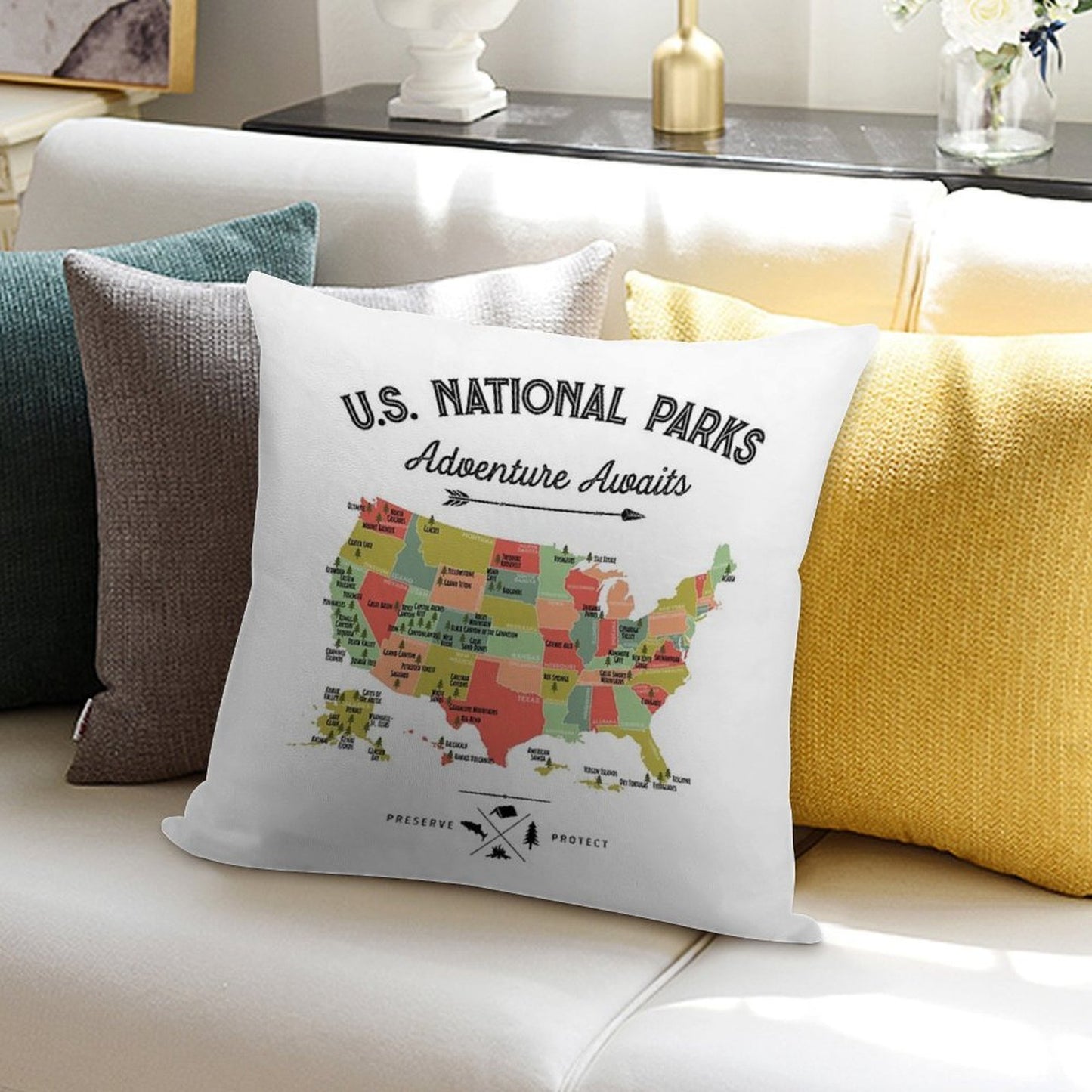 National Park Map Vintage T Shirt - All 63 National Parks Gifts T-shirt Men Women Kids Soft Luxury Feel Throw Pillow