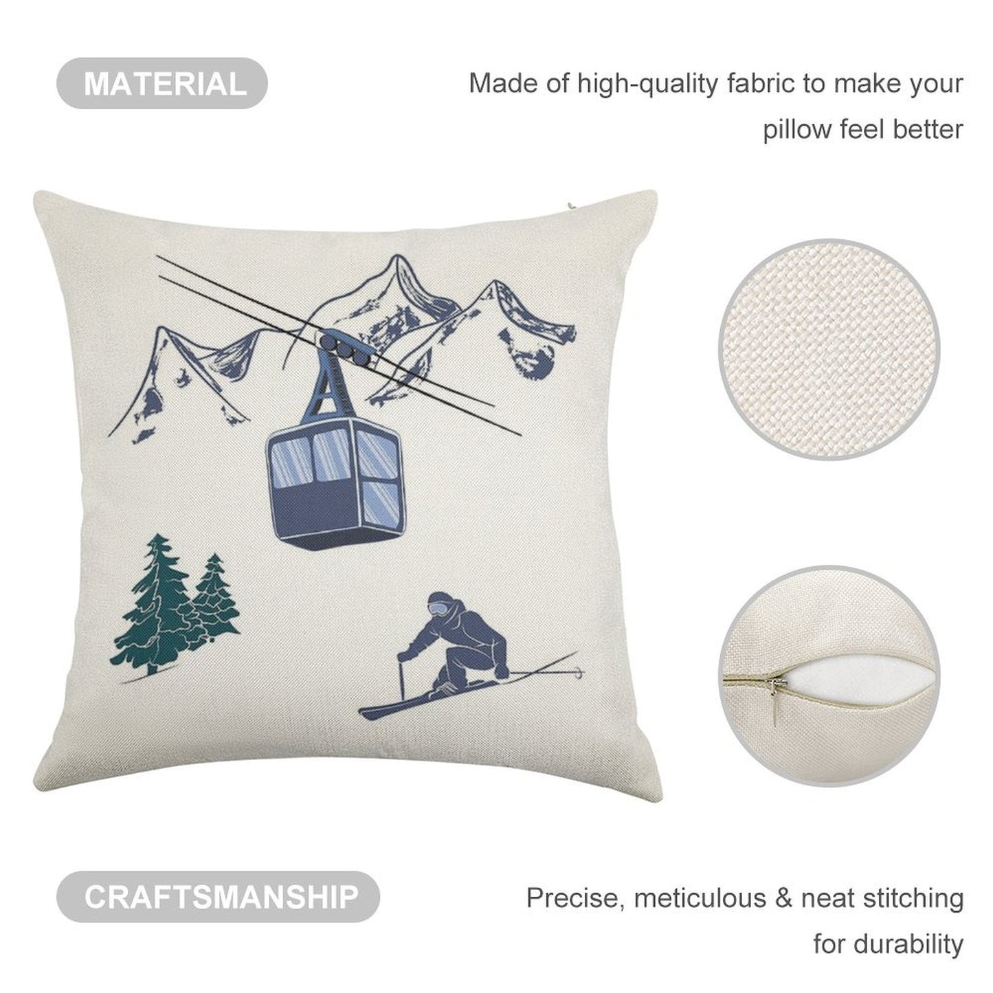 Ski Lift Resort Winter Sports Scene Linen Throw Pillow Cover