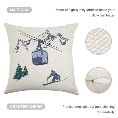 Ski Lift Resort Winter Sports Scene Linen Throw Pillow Cover