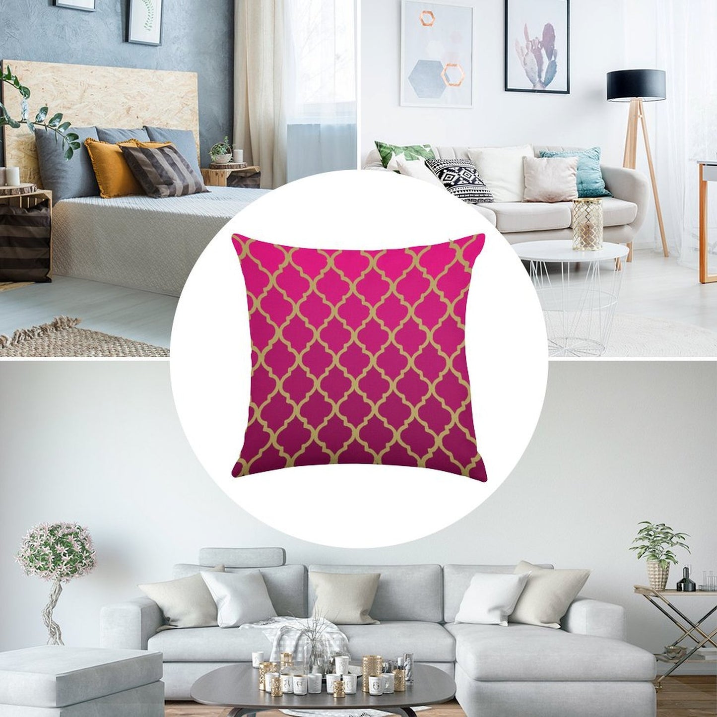 Moroccan Pattern - Pink & Gold Linen Throw Pillow Cover