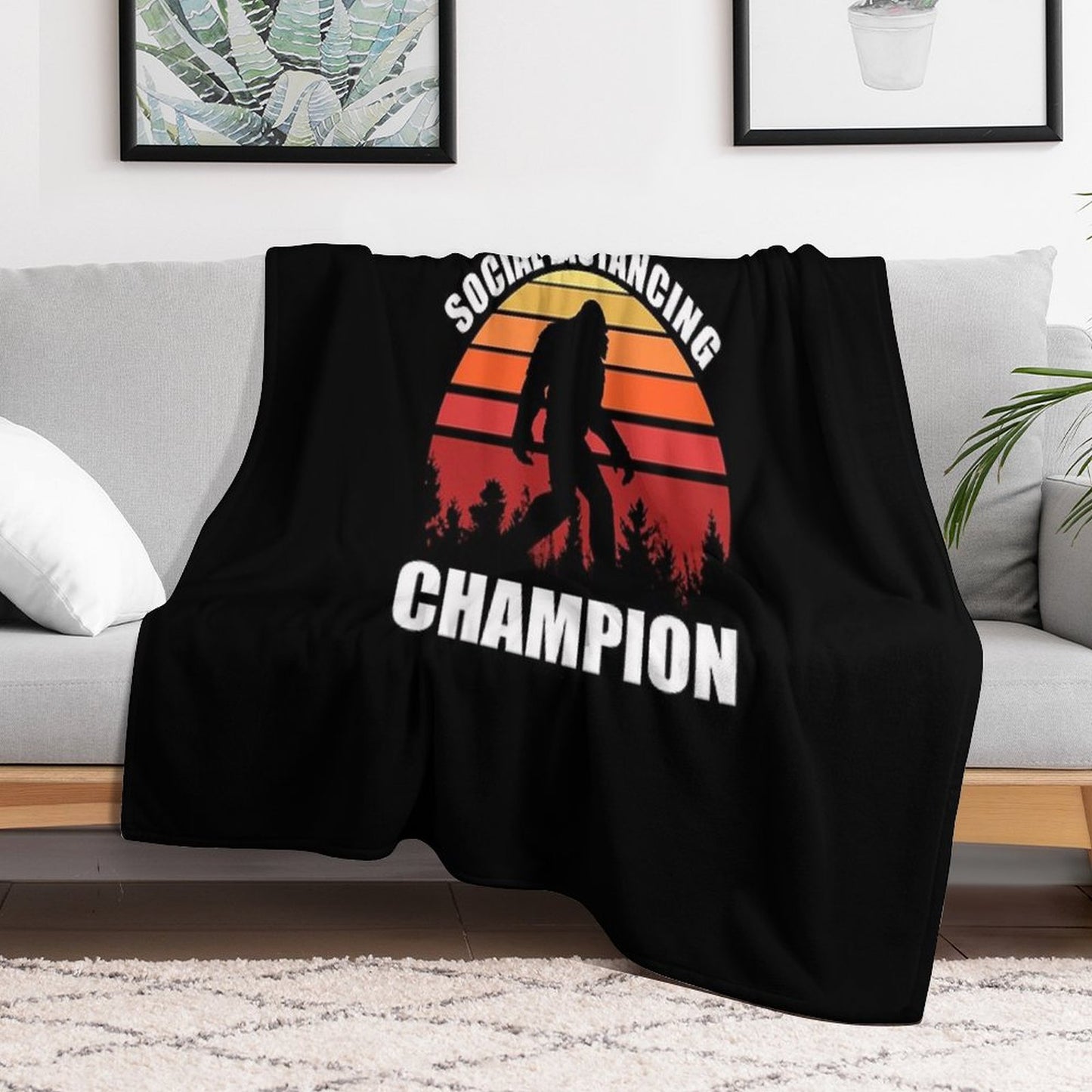 Bigfoot Funny Social Distancing Champion Vintage Sunset Throw Blanket