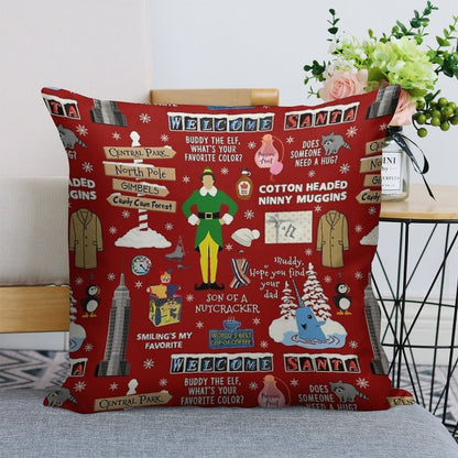 Buddy The Elf Collage, Red Background Linen Throw Pillow Cover