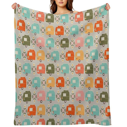 Colourful Vintage Caravans And Daisies Throw Blanket