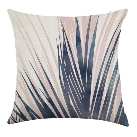 Contemporary Palm Leaf in Navy Blue And Blush Pink Linen Throw Pillow Cover
