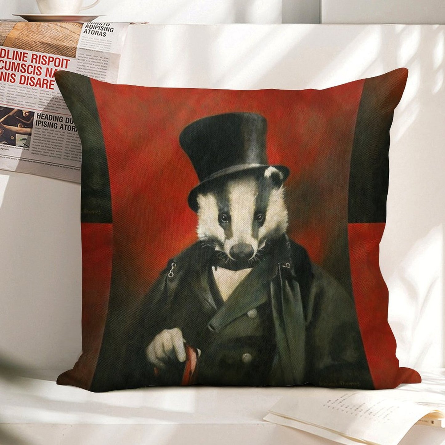 Victorian Mr Badger Linen Throw Pillow Cover