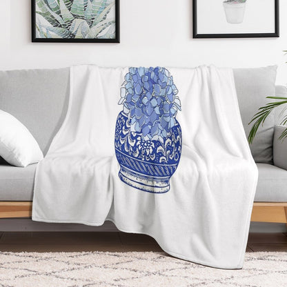 Blue And White Vase with Blue Hydrangeas Throw Blanket