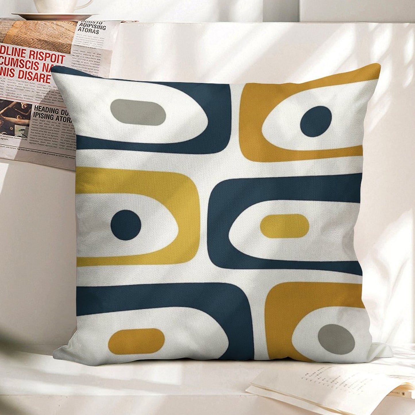 Mid Century Modern Piquet Abstract Minimalist Pattern in Navy Blue, Light And Dark Mustard, Grey, And White Linen Throw Pillow Cover
