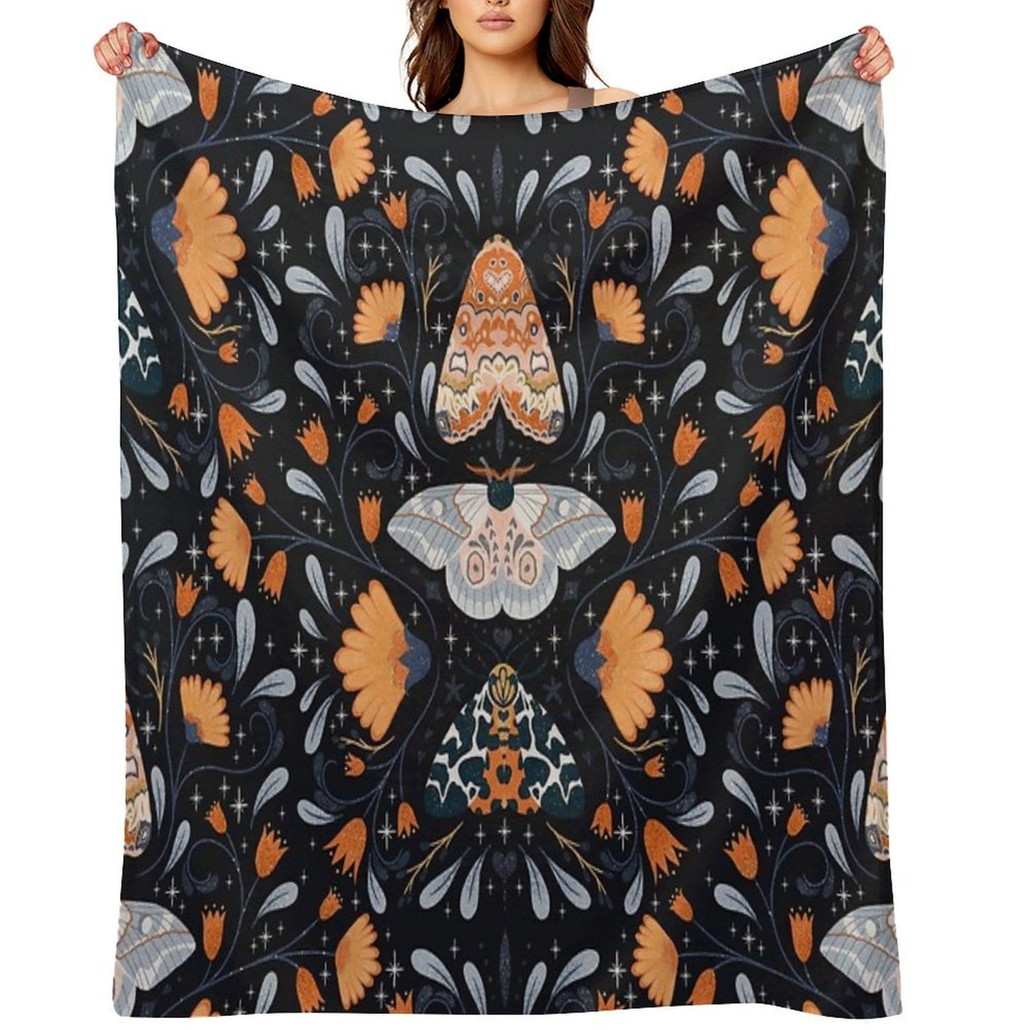 Floral Moths  Black Throw Blanket