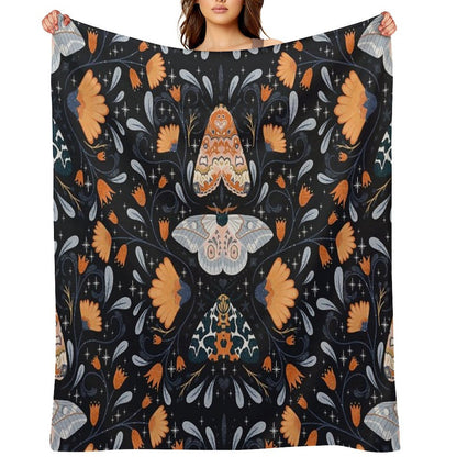Floral Moths  Black Throw Blanket