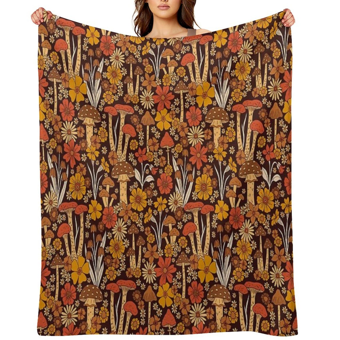 Retro 1970s Brown & Orange Mushrooms & Flowers Throw Blanket
