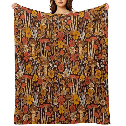 Retro 1970s Brown & Orange Mushrooms & Flowers Throw Blanket