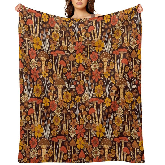 Retro 1970s Brown & Orange Mushrooms & Flowers Throw Blanket