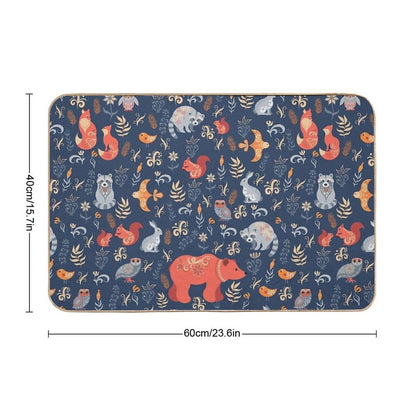 Fairy-tale Forest. Fox, Bear, Raccoon, Owls, Rabbits, Flowers And Herbs on A Blue Background.  Stain-Proof Bath Mat