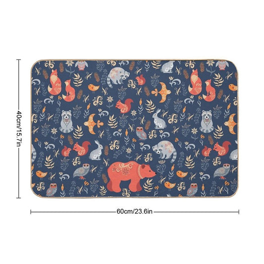Fairy-tale Forest. Fox, Bear, Raccoon, Owls, Rabbits, Flowers And Herbs on A Blue Background.  Stain-Proof Bath Mat