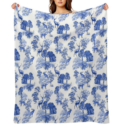 Elegant Vintage Blue Toile Deer in Woodland Throw Blanket