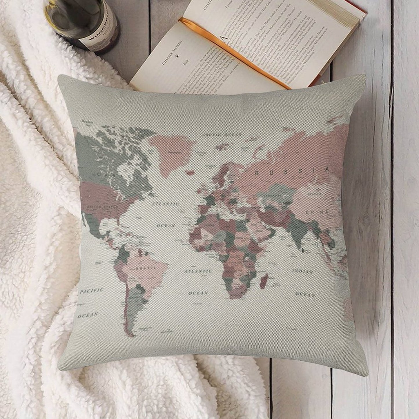 Map of The World in Pink And Green Linen Throw Pillow Cover