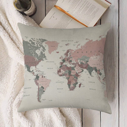 Map of The World in Pink And Green Linen Throw Pillow Cover