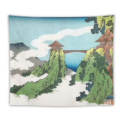 The Hanging-cloud Bridge at Mount Gyodo Near Ashikaga by Katsushika Hokusai Tapestry