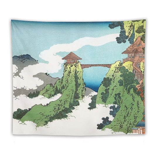 The Hanging-cloud Bridge at Mount Gyodo Near Ashikaga by Katsushika Hokusai Tapestry