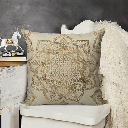 Flower of Life in Lotus - Pastel Golds And Canvas Linen Throw Pillow Cover