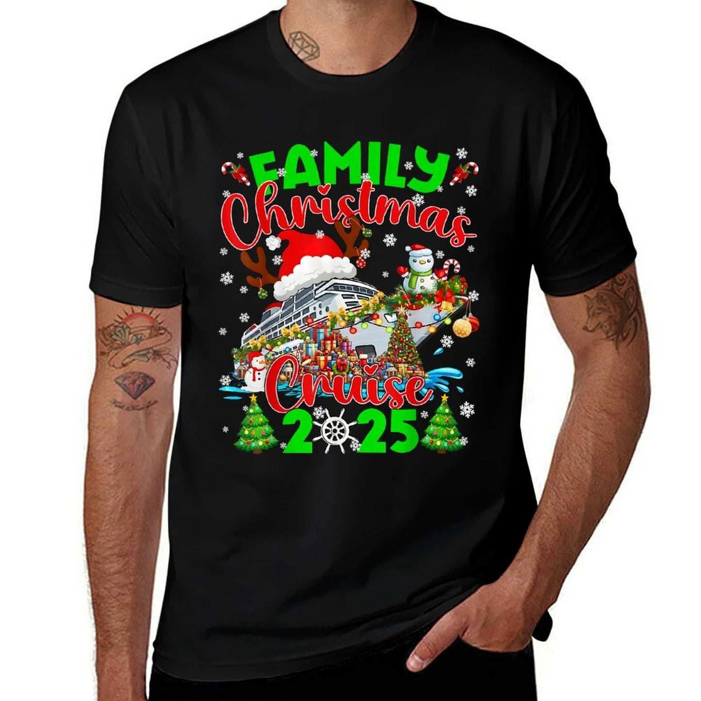 Family Cruise 2025 Reunion Matching Christmas Xmas Men Women  Ribbed Collar T-Shirt