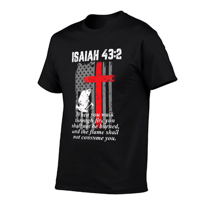 Thin Red Line Firefighter Cross Bible Verse American Flag T-Shirt