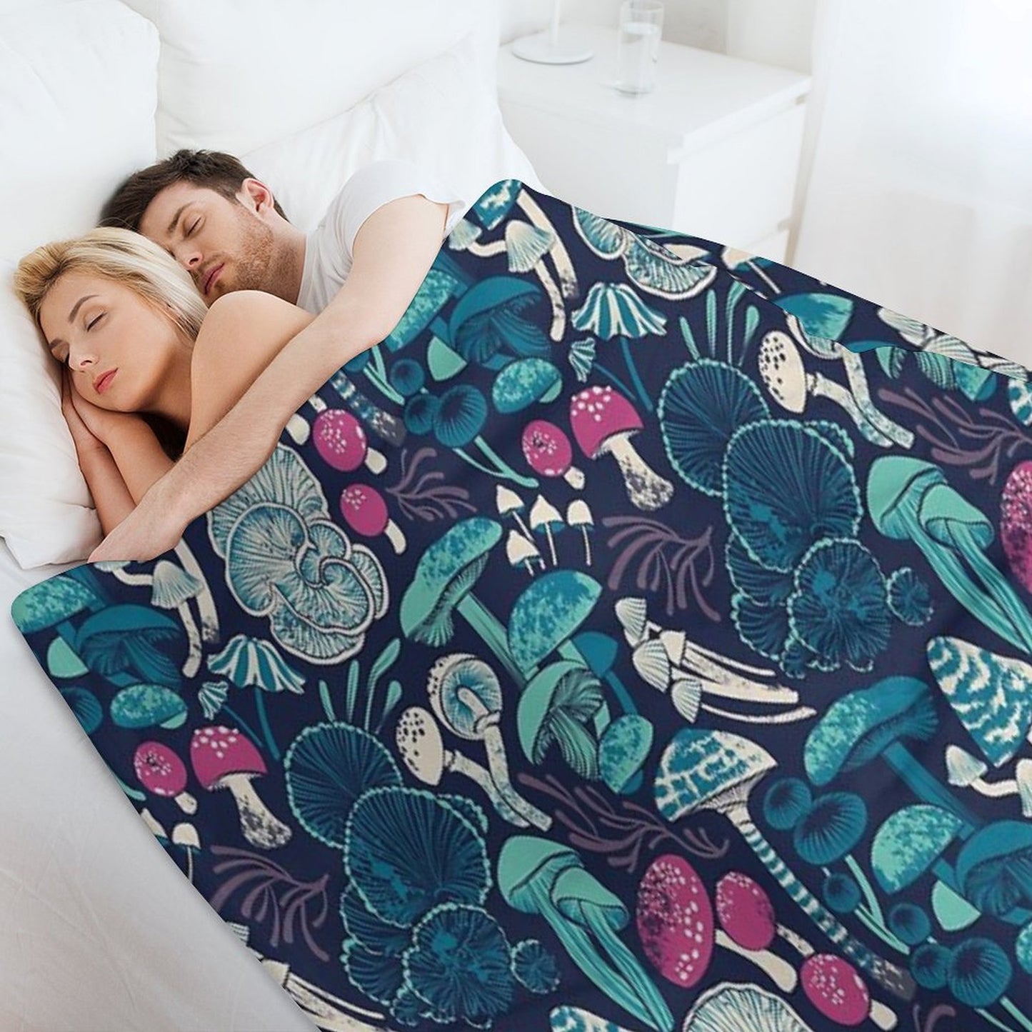 Mystical Fungi  Midnight Blue Background Mint Teal And Dark Pink Wild Mushrooms Throw Blanket