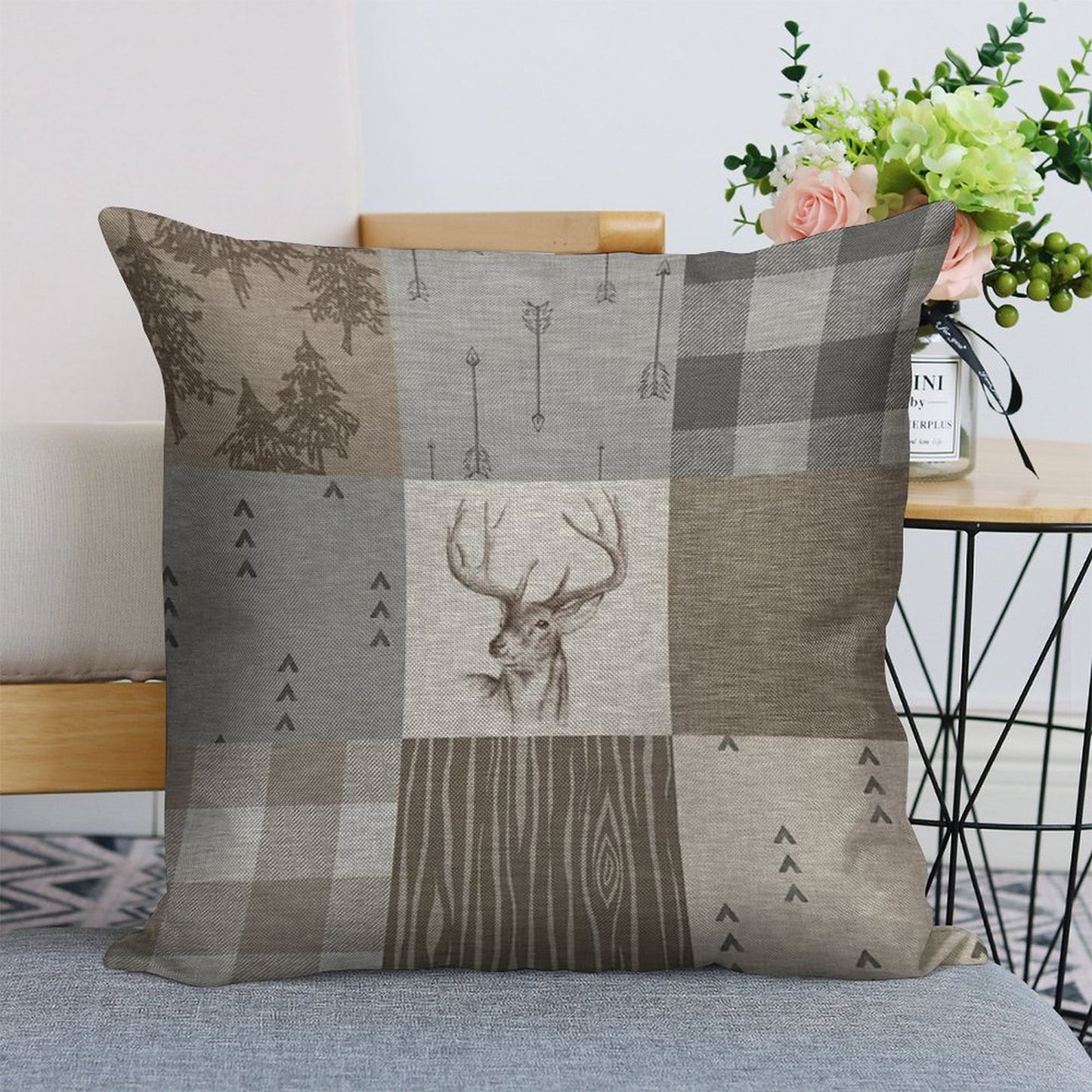 Deer Patchwork - Rustic Neutrals Linen Throw Pillow Cover