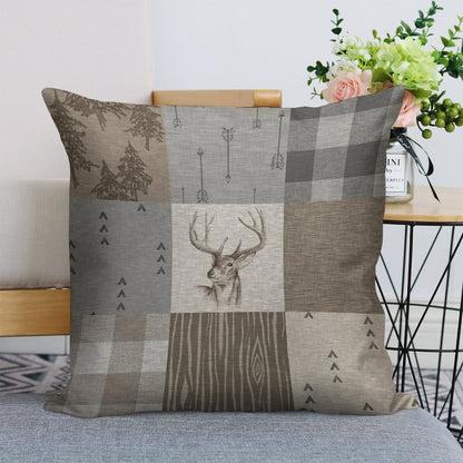 Deer Patchwork - Rustic Neutrals Linen Throw Pillow Cover