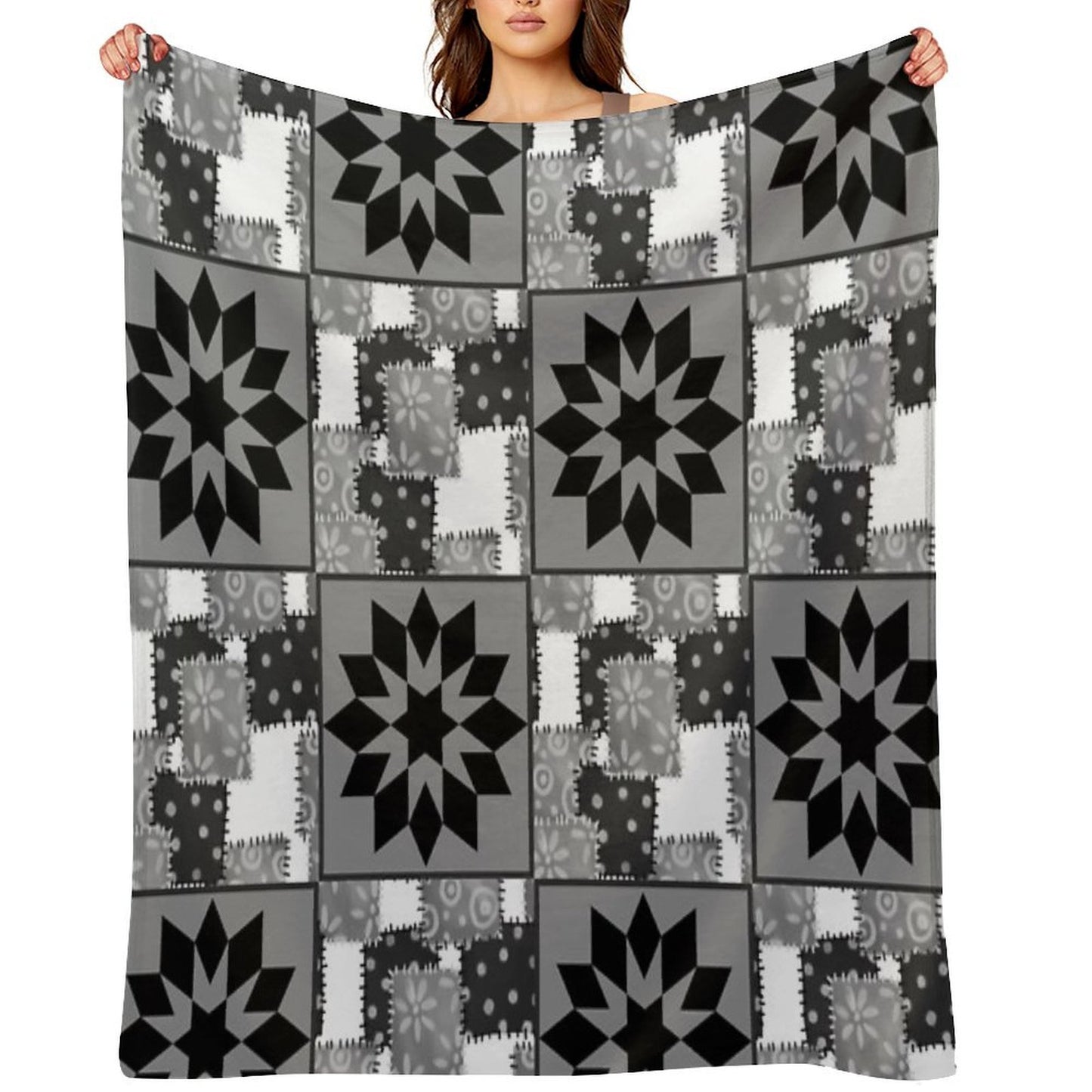 Black And White Quilted Granny Squares Quilt Throw Blanket