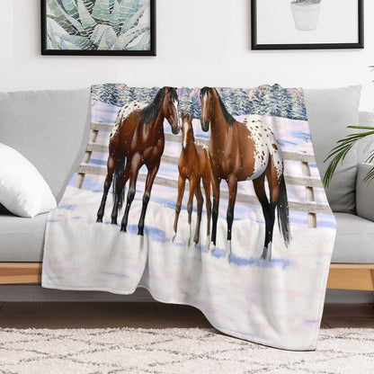 Bay Appaloosa Quarter Horses In Winter Snow Throw Blanket