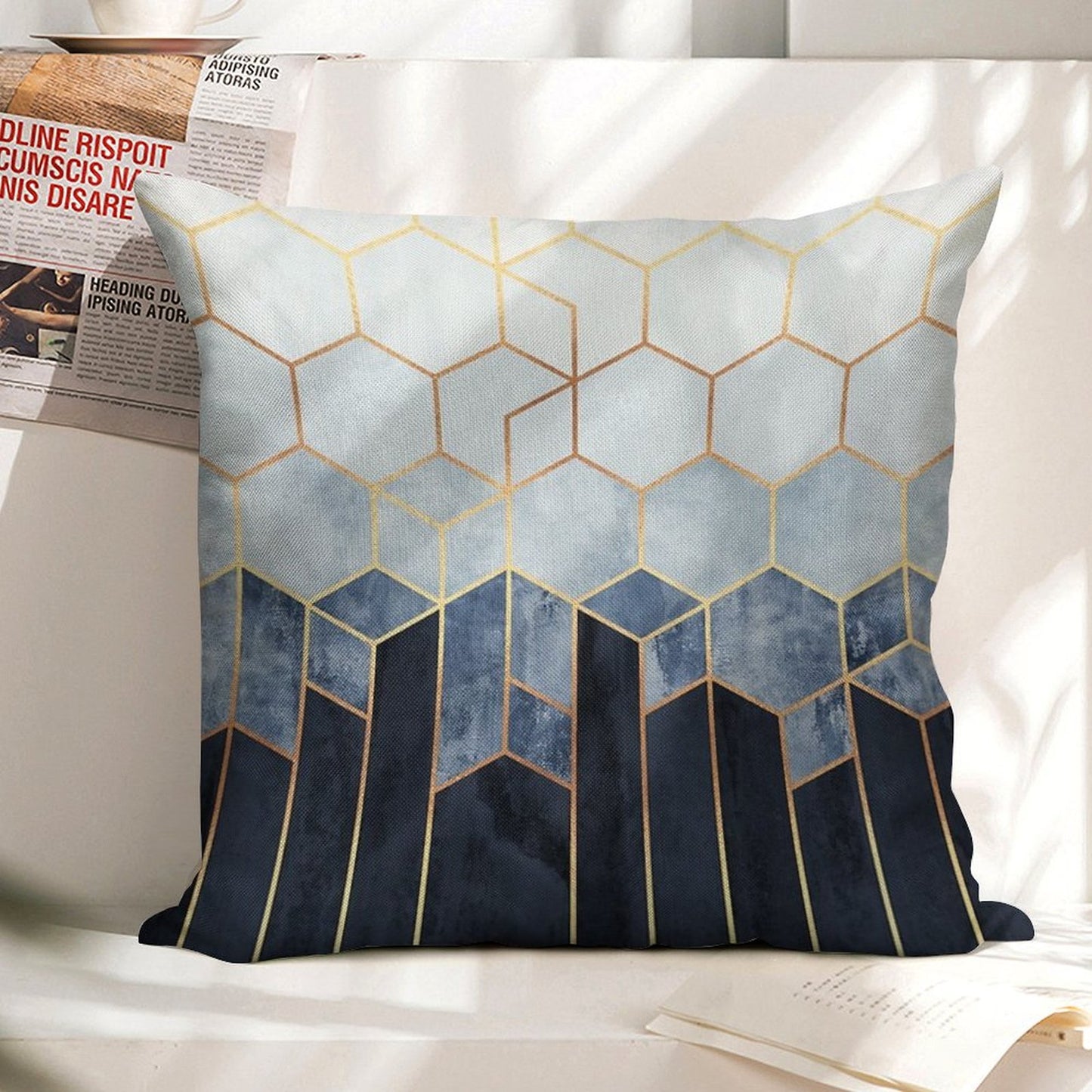 Soft Blue Hexagons Linen Throw Pillow Cover