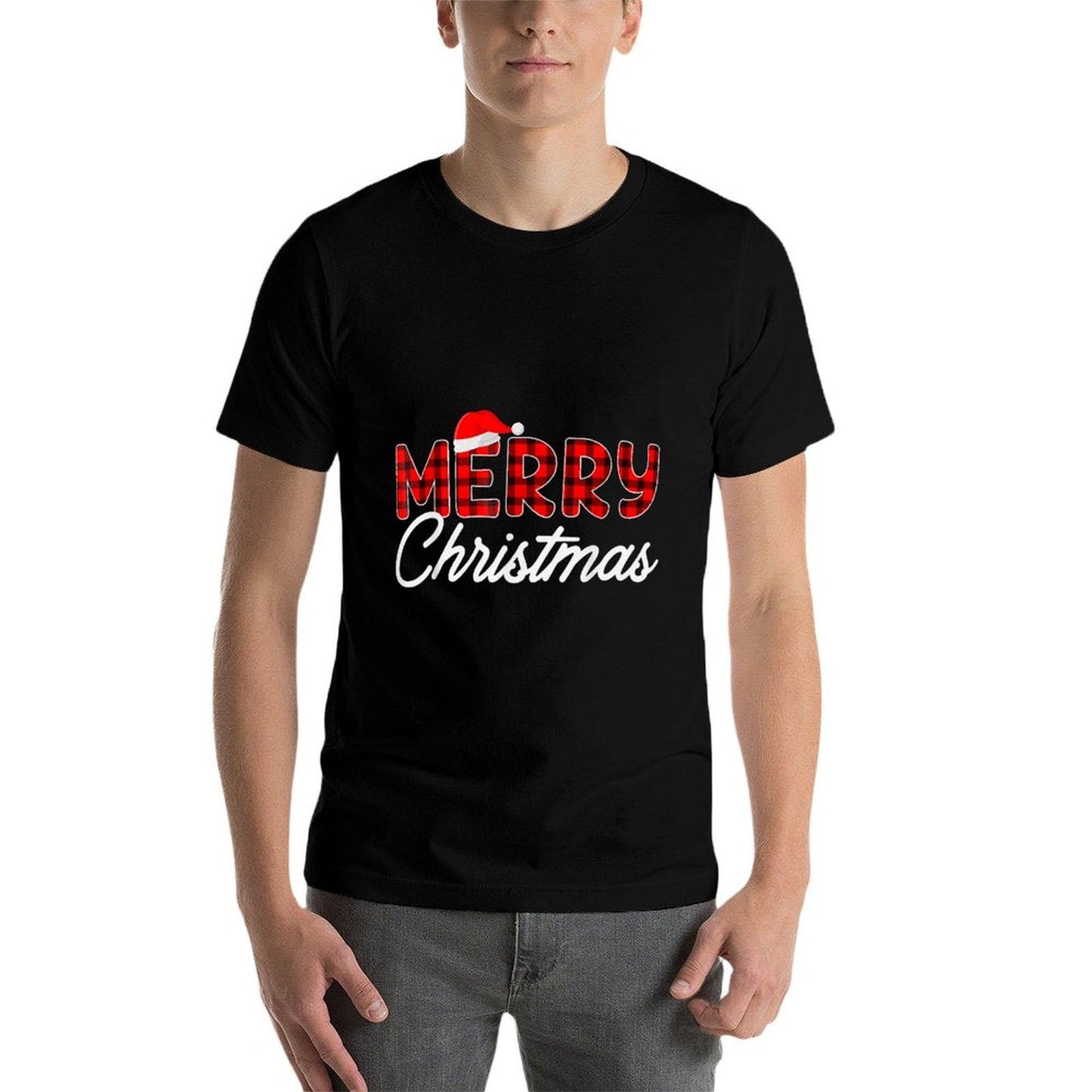 Merry Christmas Buffalo Plaid Red Santa Hat Xmas Pajamas  Breathable T-Shirt