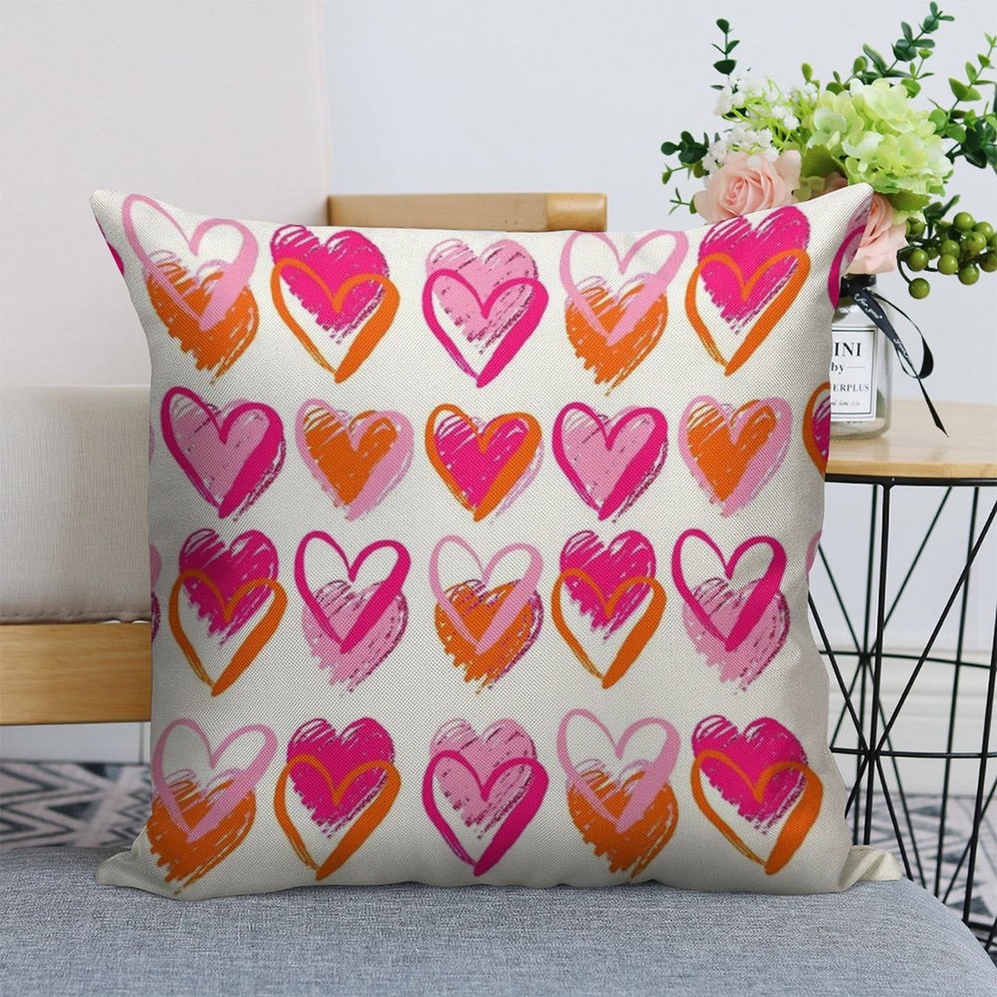 Pink And Orange Hearts Linen Throw Pillow Cover