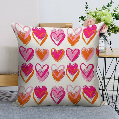 Pink And Orange Hearts Linen Throw Pillow Cover