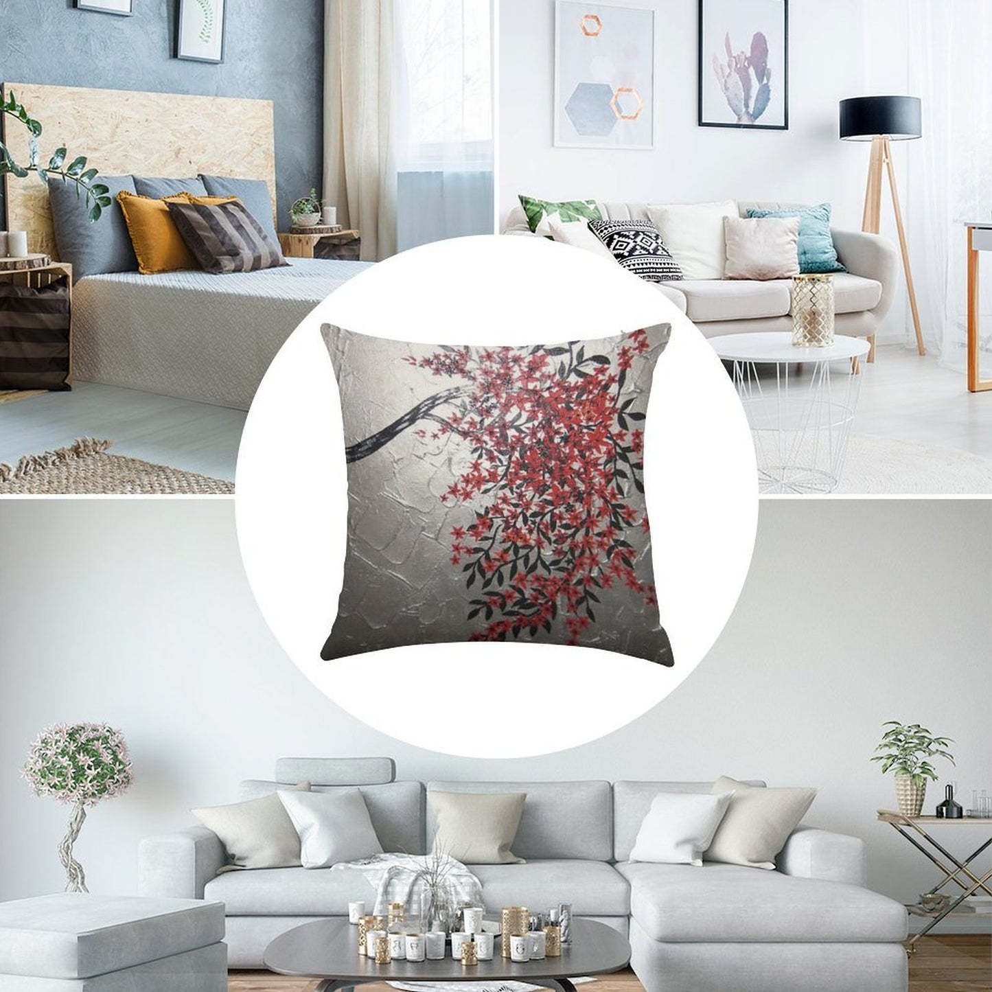 Red Black And Silver Cherry Blossom Tree Art Linen Throw Pillow Cover