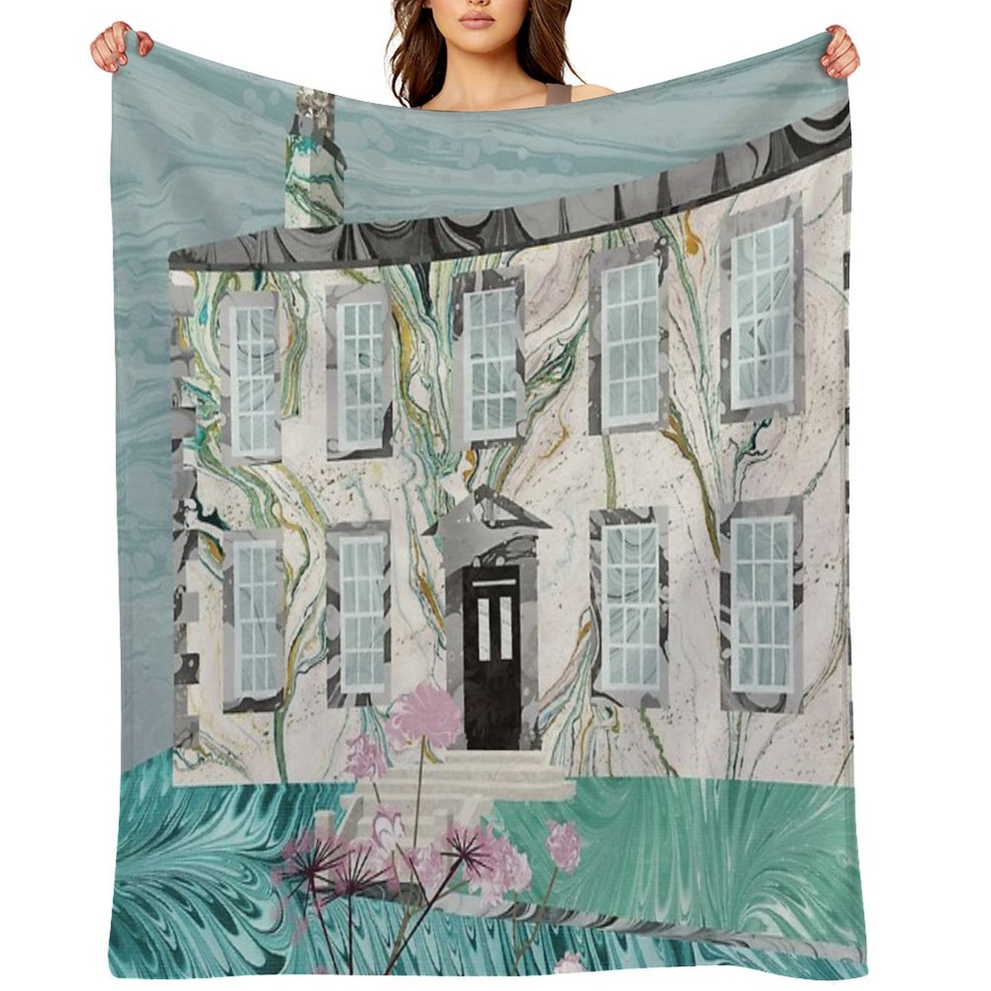 The Bronte Sisters' Parsonage,Haworth  Collage in Marbled Bookbinding Paper Throw Blanket