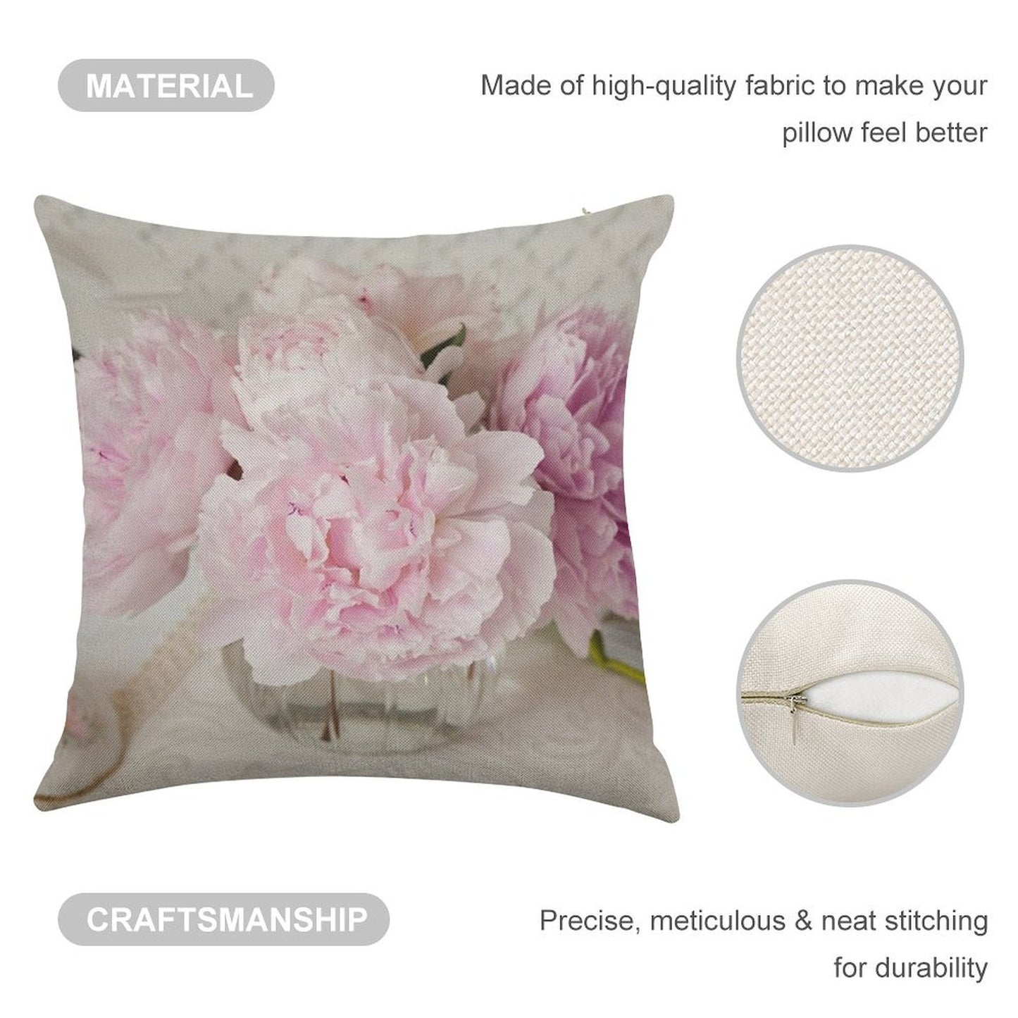 Pink Peonies Linen Throw Pillow Cover