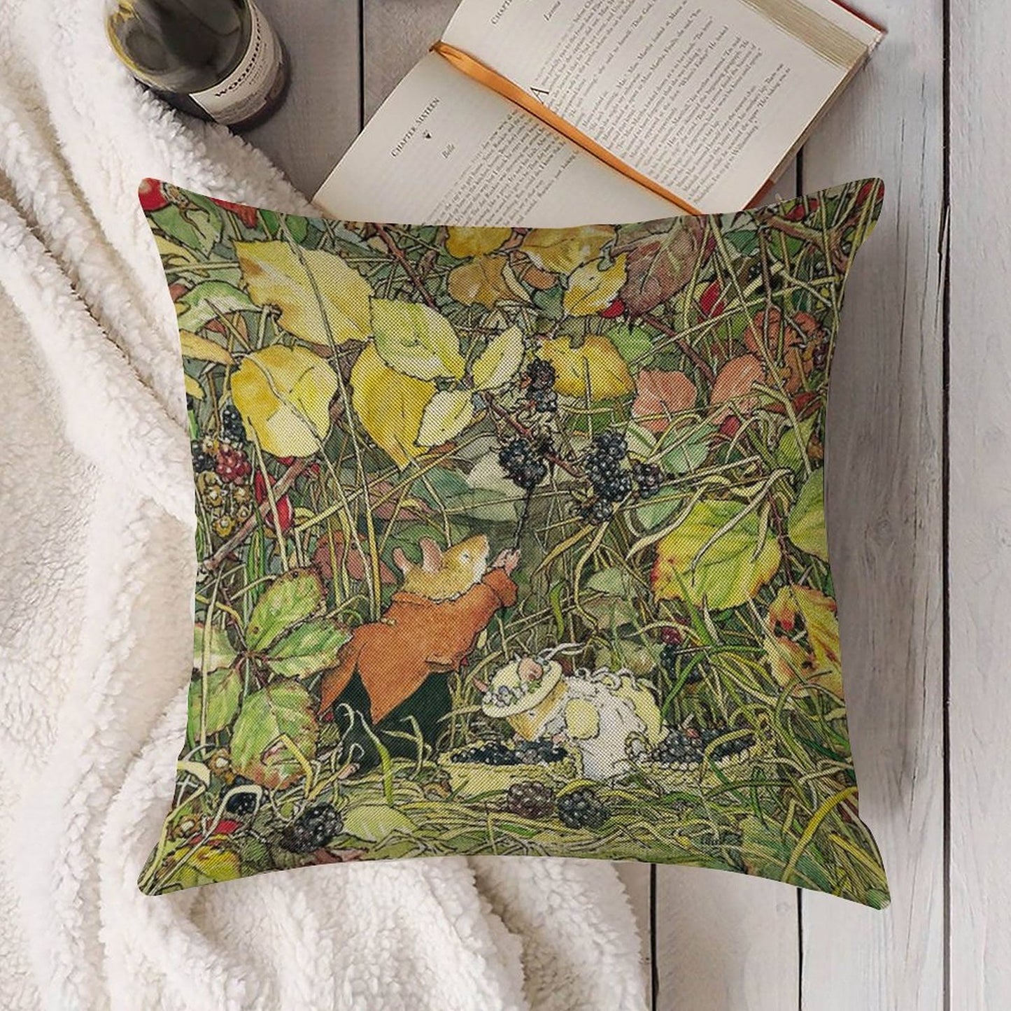 Blackberry Picking Linen Throw Pillow Cover