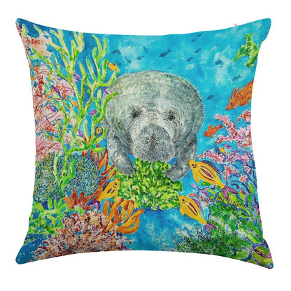 Manatee Lunchtime Linen Throw Pillow Cover