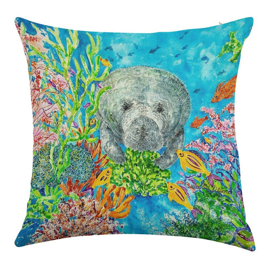 Manatee Lunchtime Linen Throw Pillow Cover